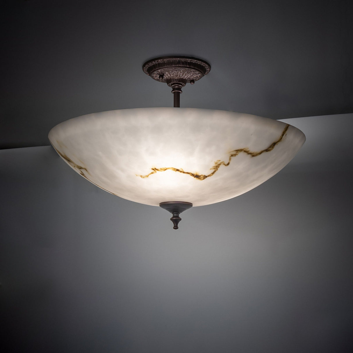 20" wide Corinth Marble semi-flush ceiling light with marbleized shade and bronze accents.