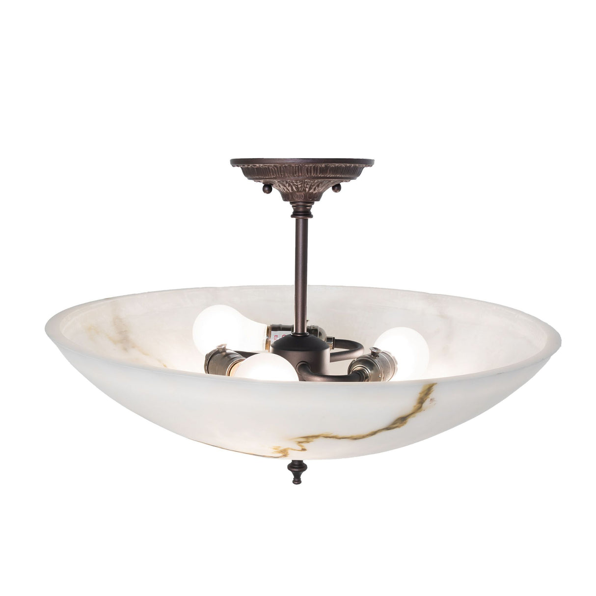 Interior of Corinth Marble light showing bulbs inside a marbleized bowl shade.