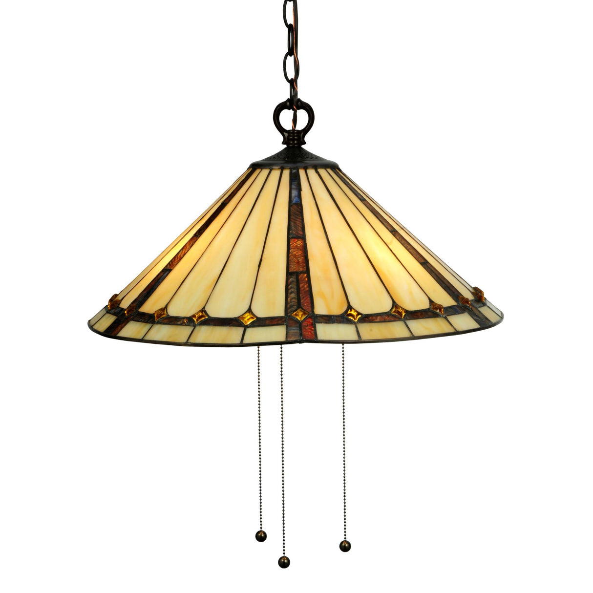 Cream-colored stained glass pendant with amber and brown accents, featuring three pull chains.