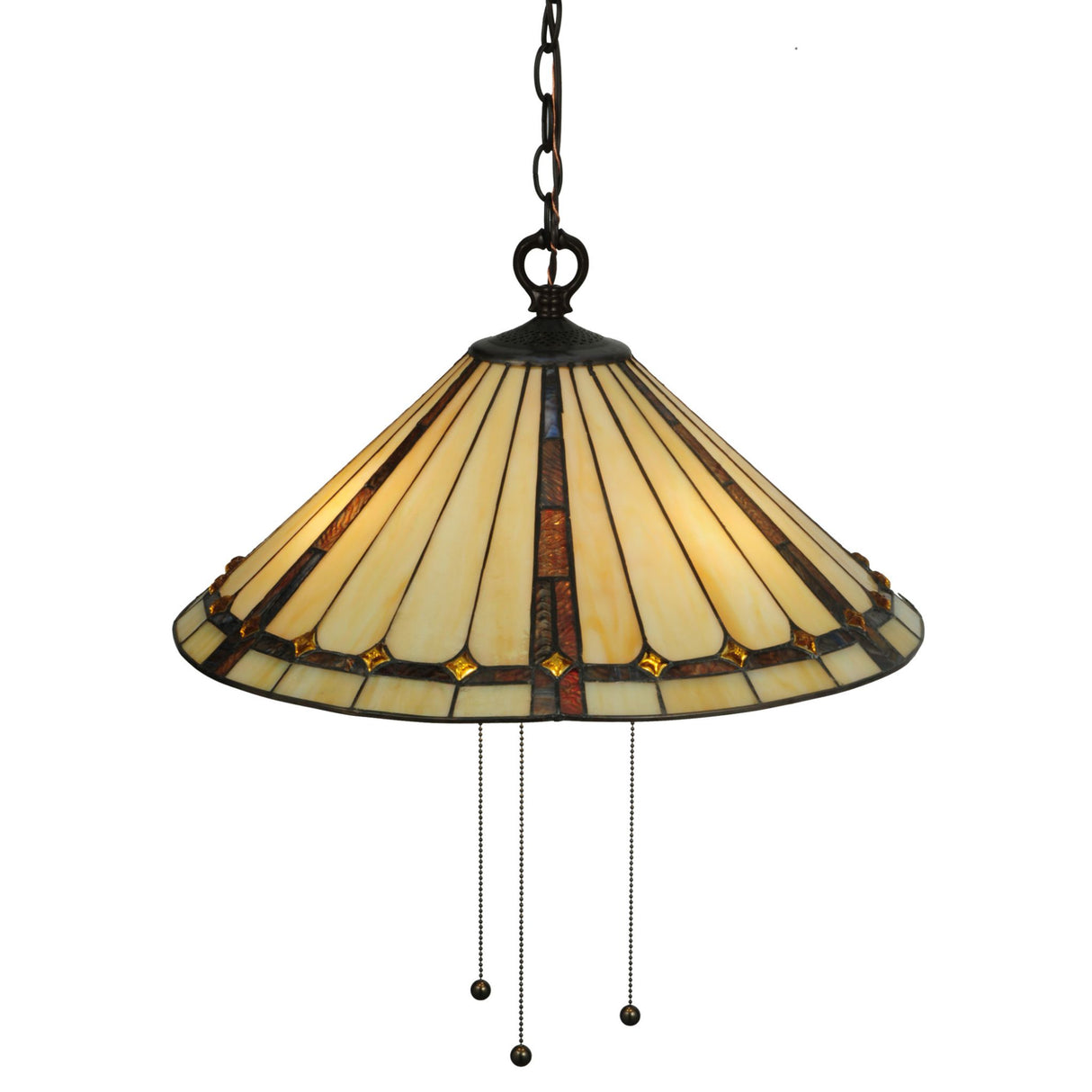 Front view of 20"W Belvidere Pendant featuring a stained glass shade with warm amber tones and intricate design.