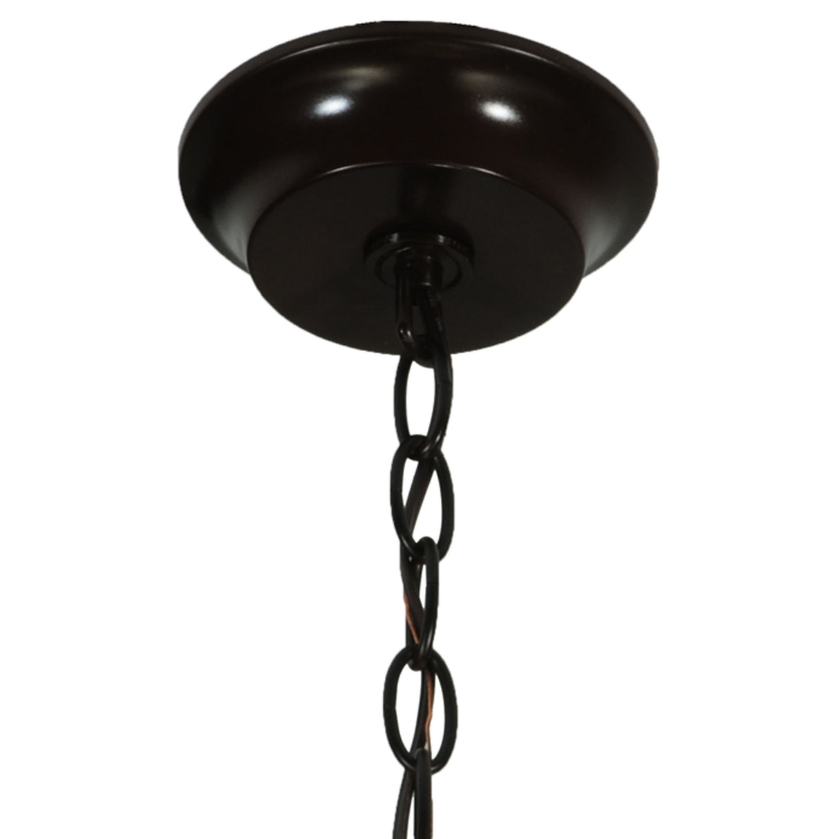 Dark metal ceiling mount with a sturdy chain for hanging the pendant.