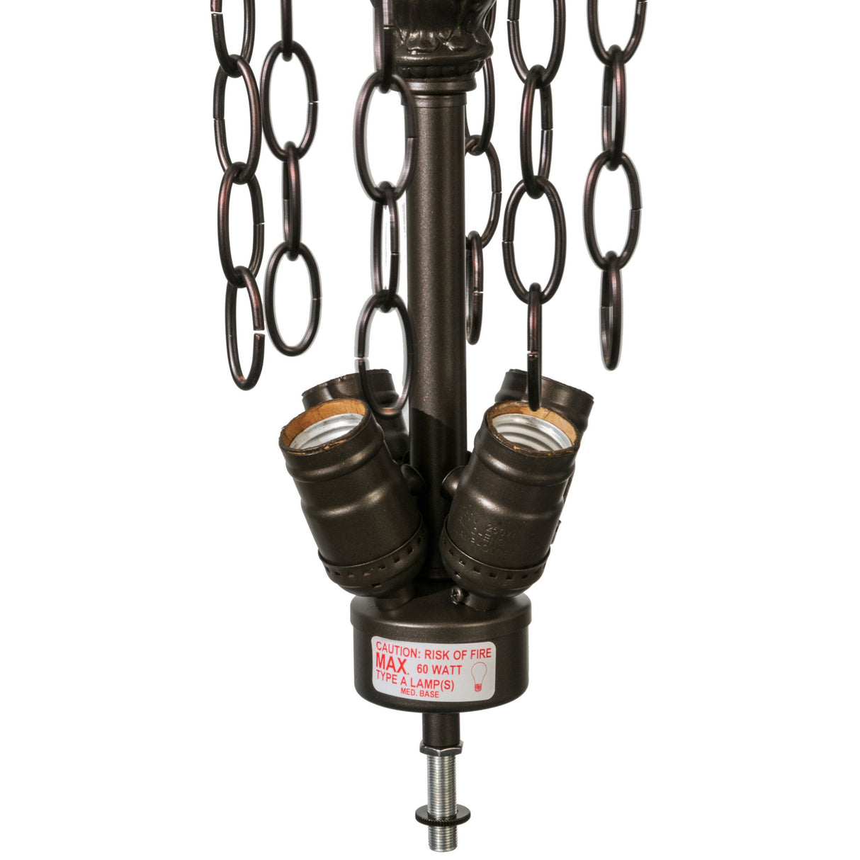 Close-up of mahogany bronze pendant lamp sockets.