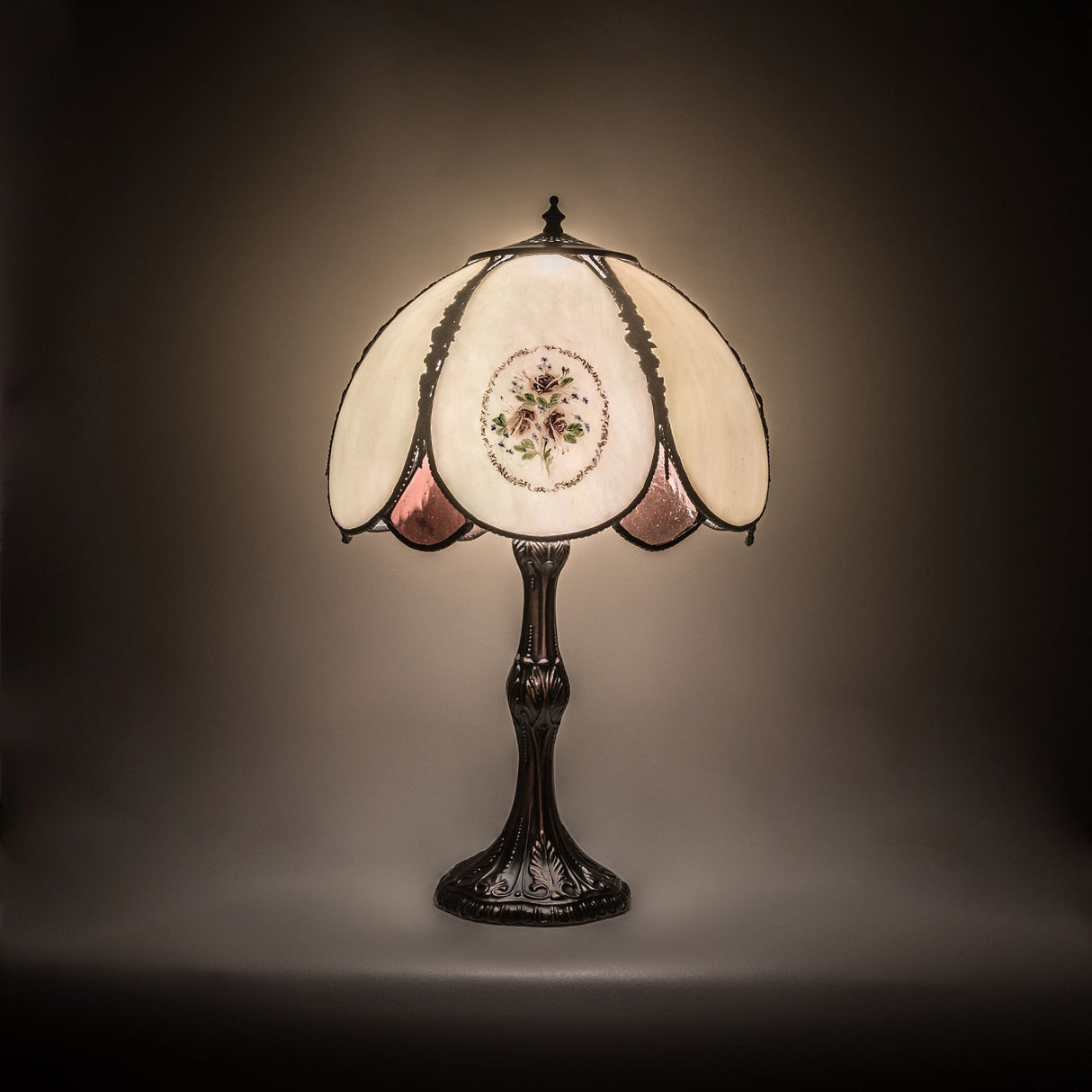 22-inch table lamp illuminated with hand-painted floral design.
