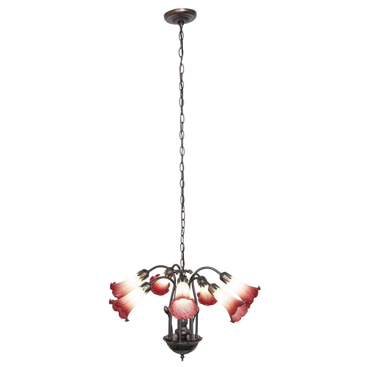 24-inch Tiffany chandelier with hanging chain and floral glass shades.