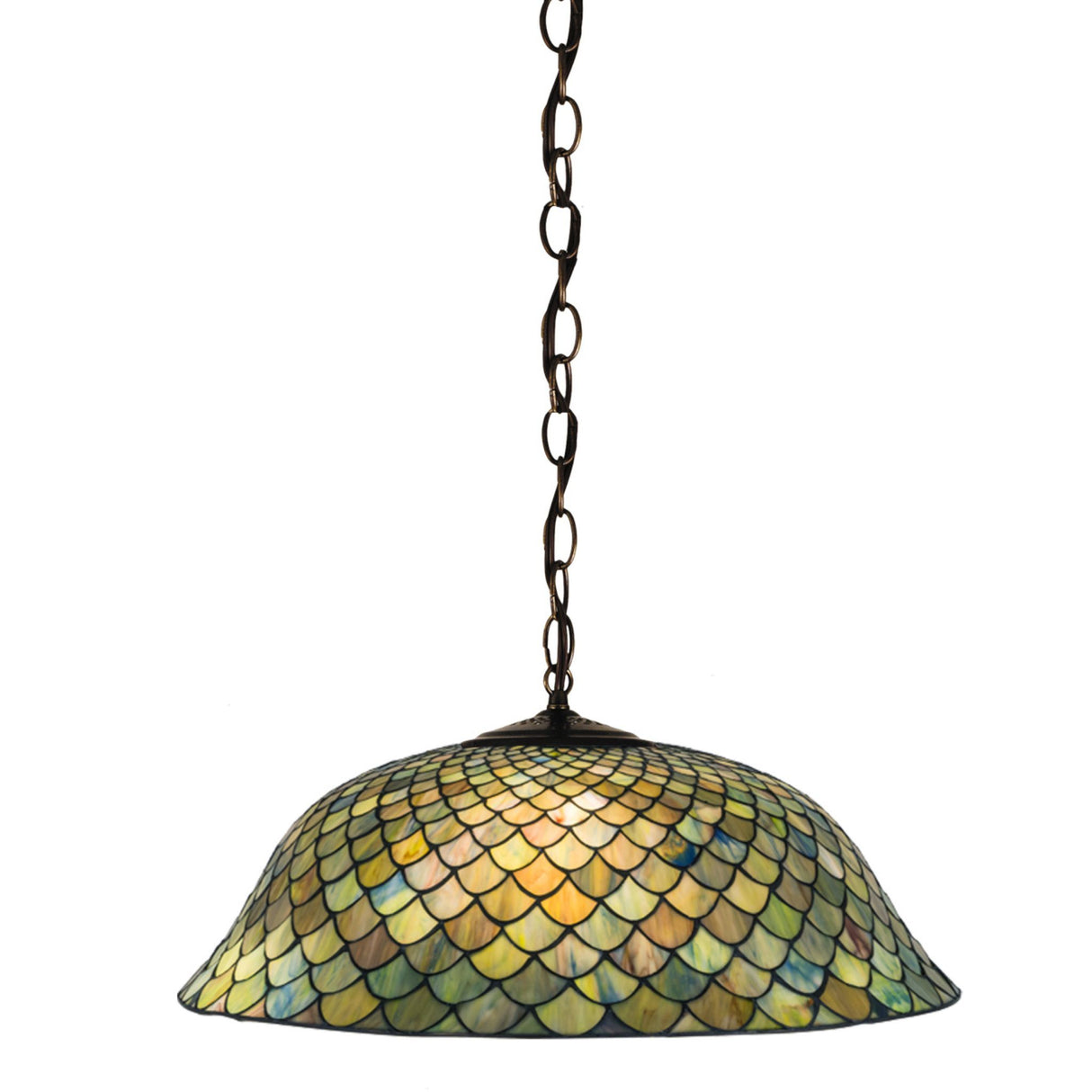 Stained glass Tiffany pendant light with a colorful fishscale motif and bronze accents.