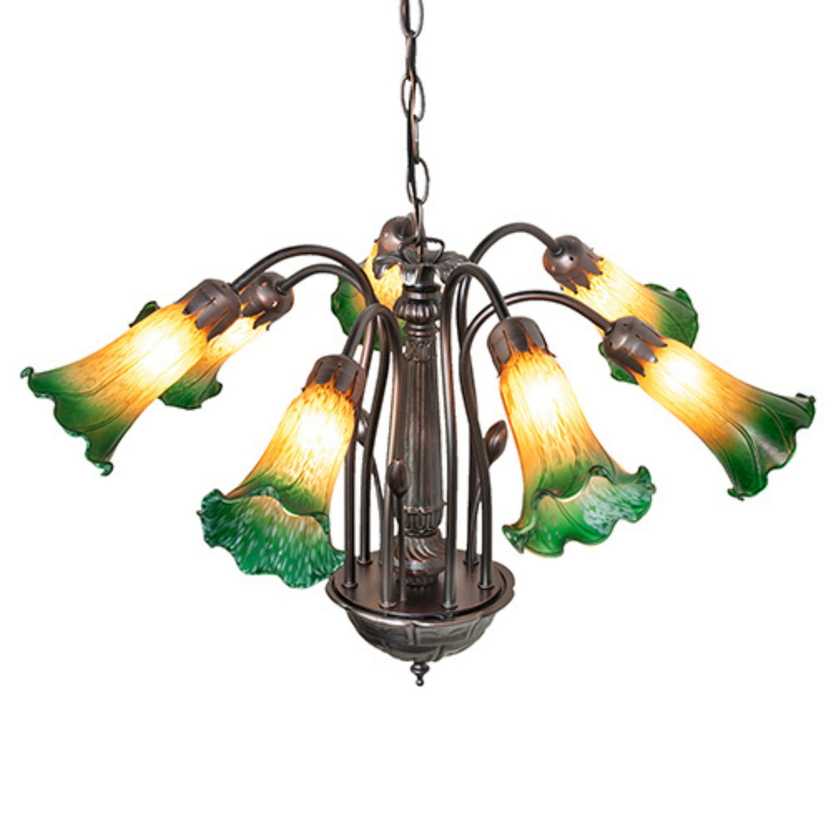 Elegant green and amber Tiffany chandelier with lily glass design.