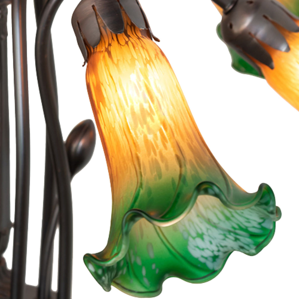 Tiffany chandelier with green and amber lily-shaped glass shades.