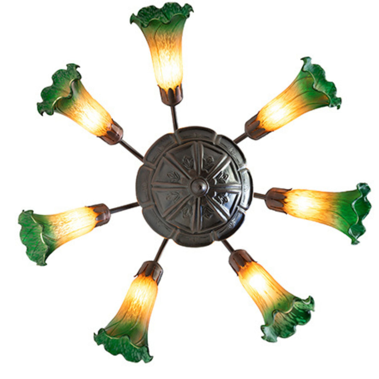 Top-down view of the 24-inch Tiffany pond lily chandelier.