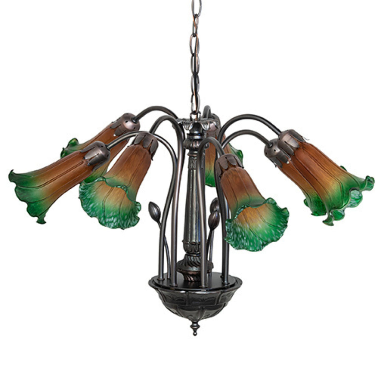 Unlit bronze frame of a Tiffany lily-style chandelier.