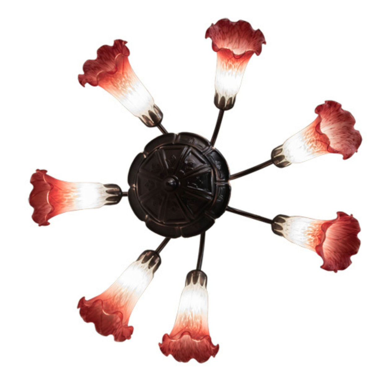 Bottom view of 24-inch wide Tiffany Pond Lily chandelier with vibrant red shades.
