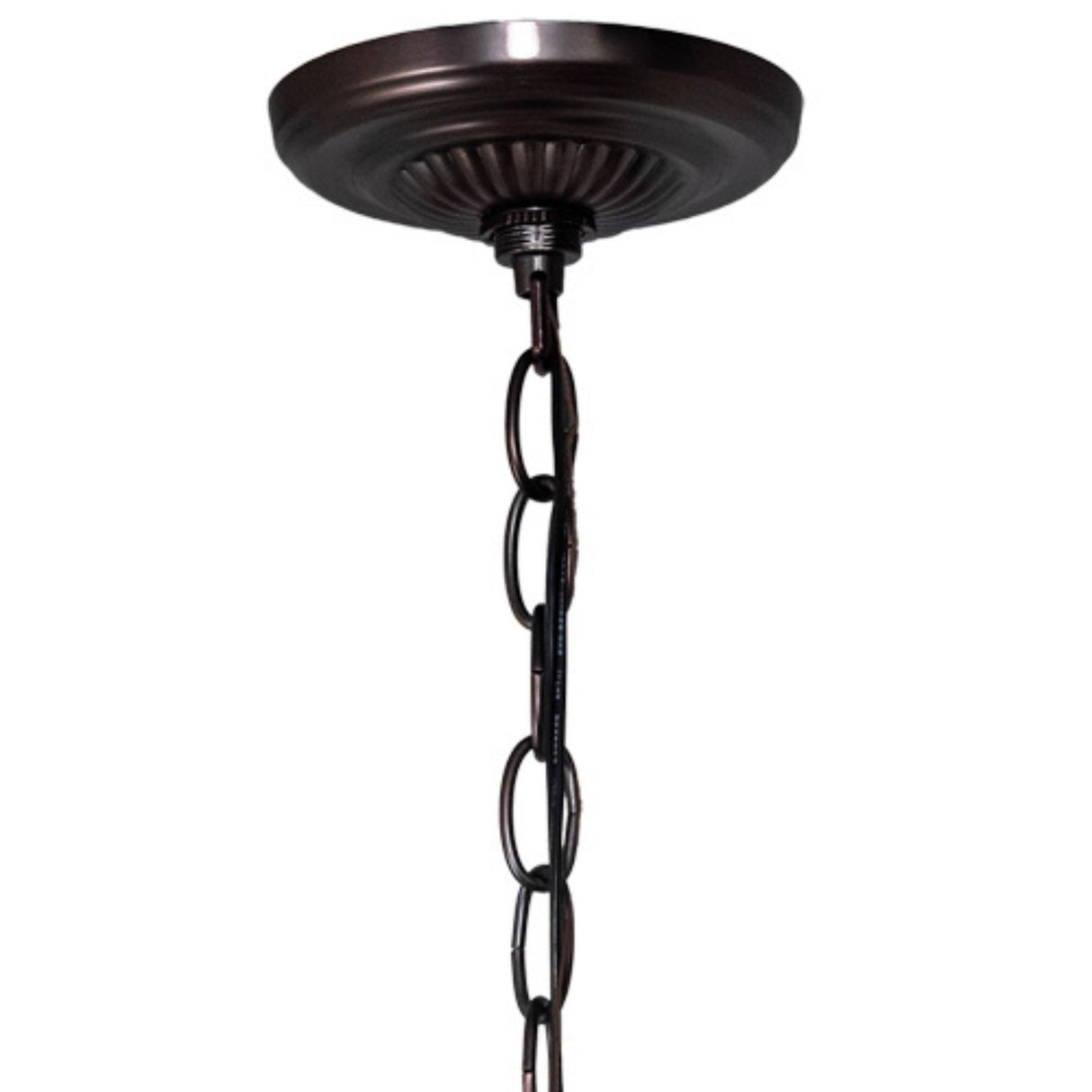 Close-up of ceiling canopy and chain of Tiffany Pond Lily chandelier.