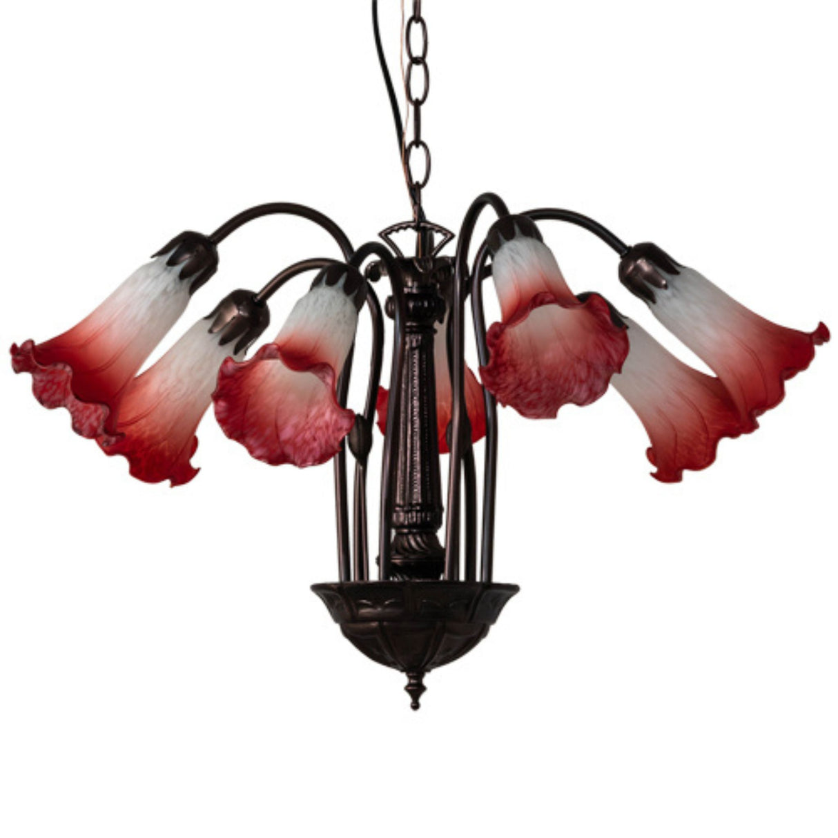 Tiffany Pond Lily chandelier with dimmed red and white frosted glass shades.