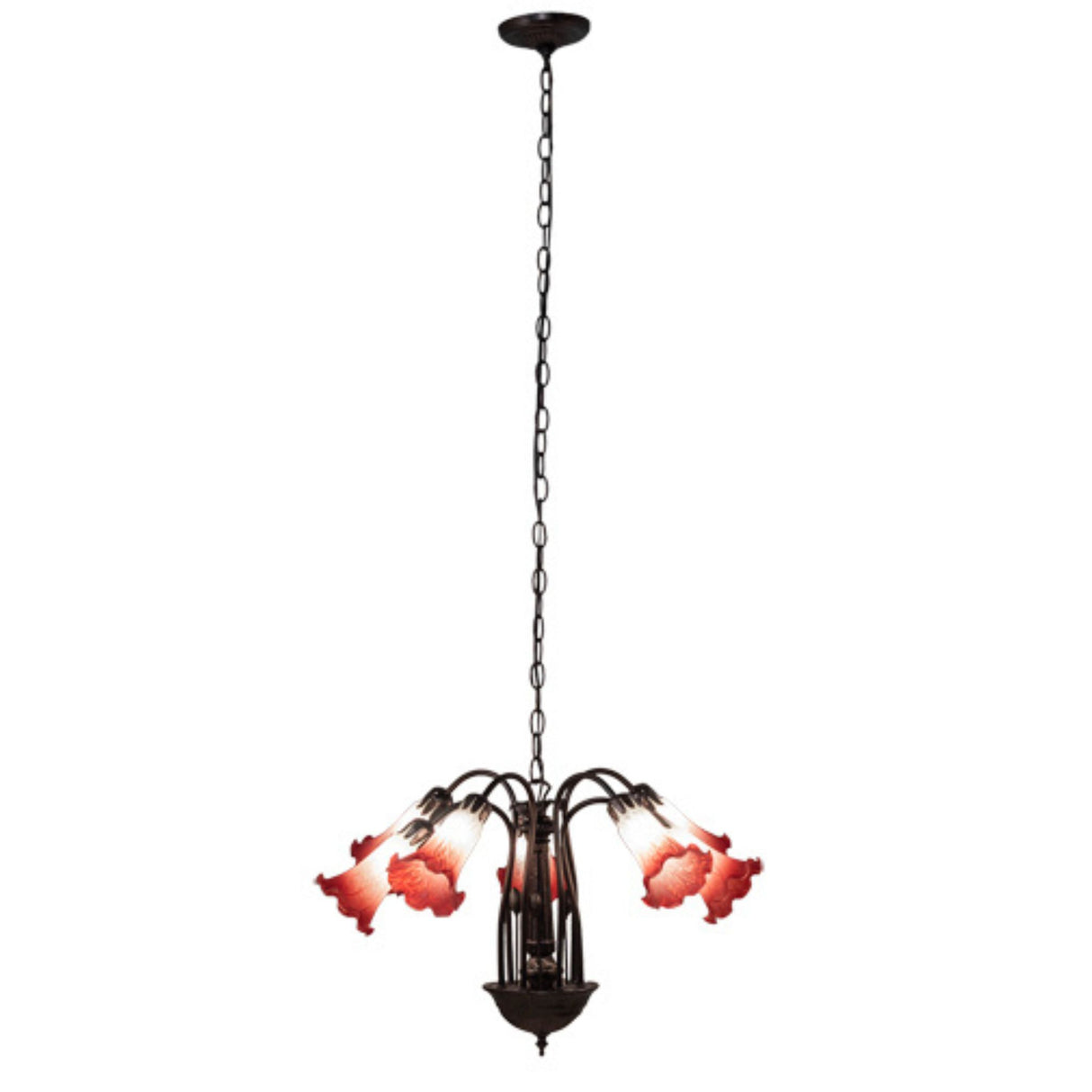 Full view of 24-inch wide Tiffany Pond Lily chandelier with hanging chain and red shades.