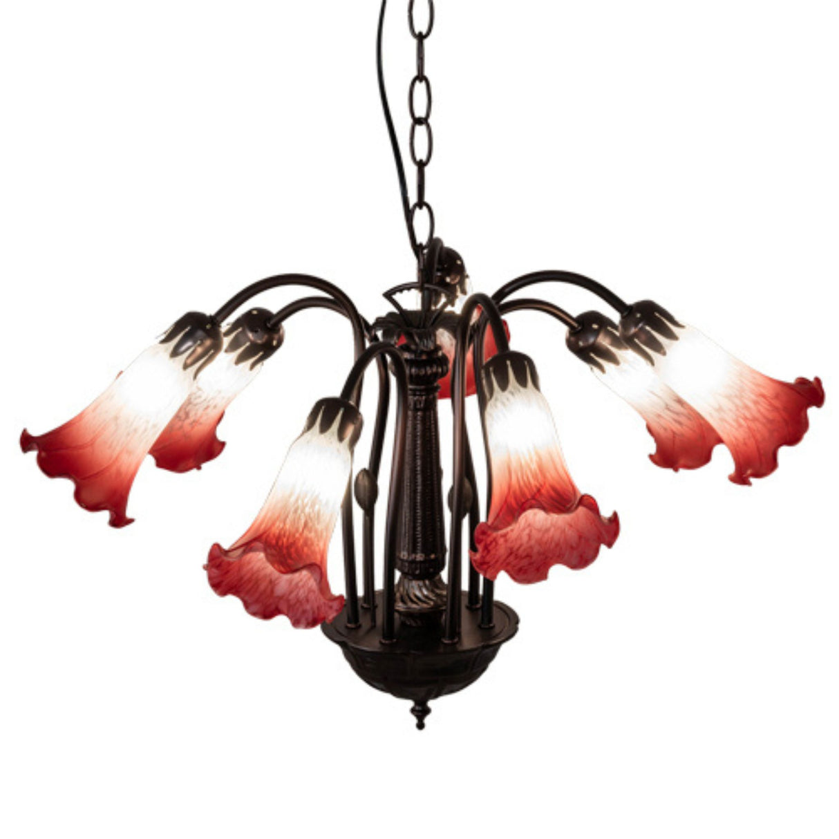 Illuminated 24-inch Tiffany Pond Lily chandelier with 7 red frosted lily shades.