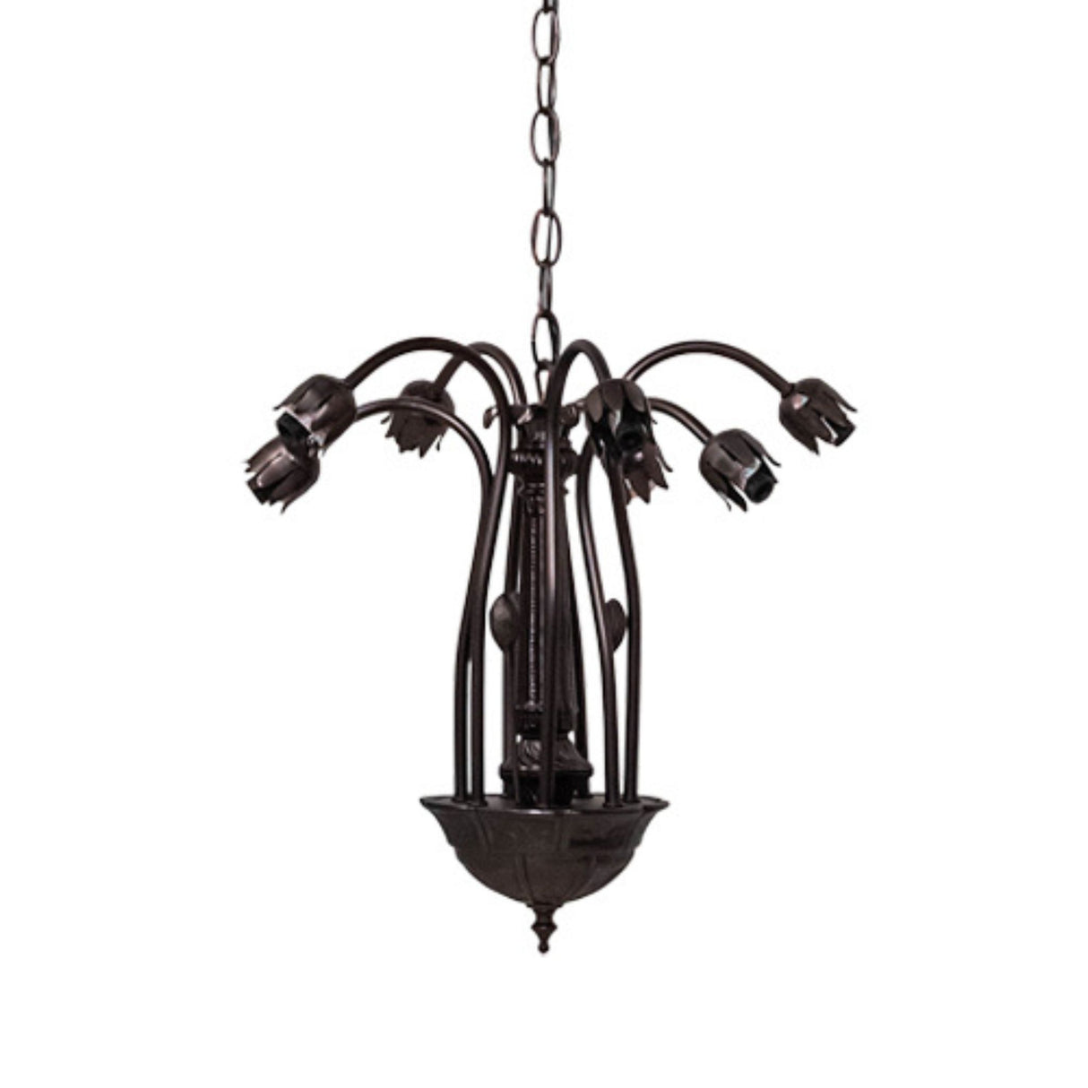 Tiffany Pond Lily chandelier without shades, showcasing intricate bronze frame.