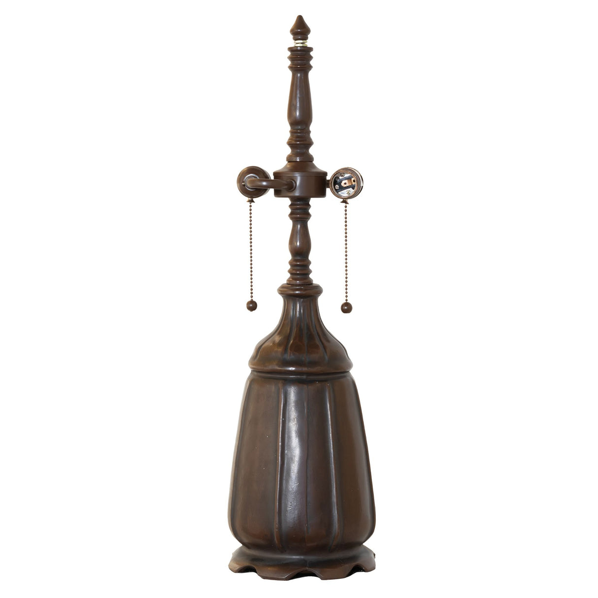 Antique style brown metal lamp with pull chains, isolated on white background.