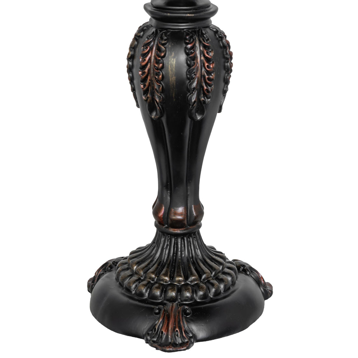 Decorative table lamp base with ornate detailing and rich black finish.