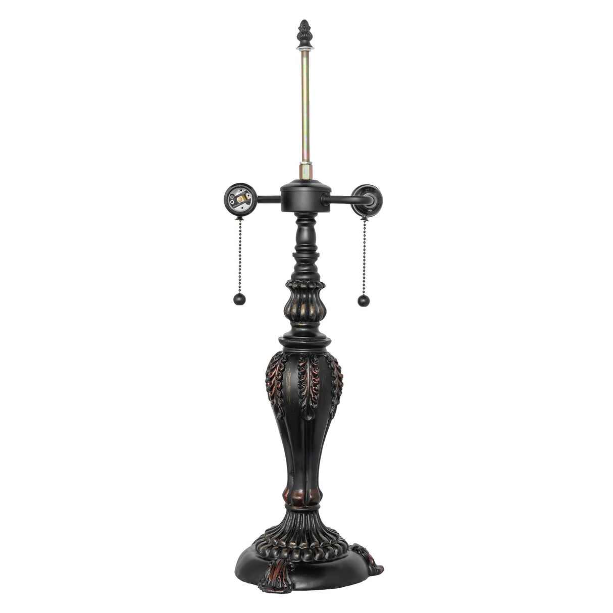 Elegant table lamp base with intricate black finish and chain pulls.