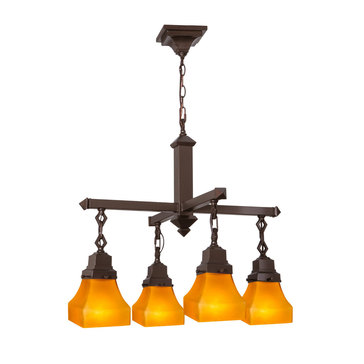 Three-light chandelier featuring orange glass shades, measuring 26"W, with a Bungalow Frosted Amber design.