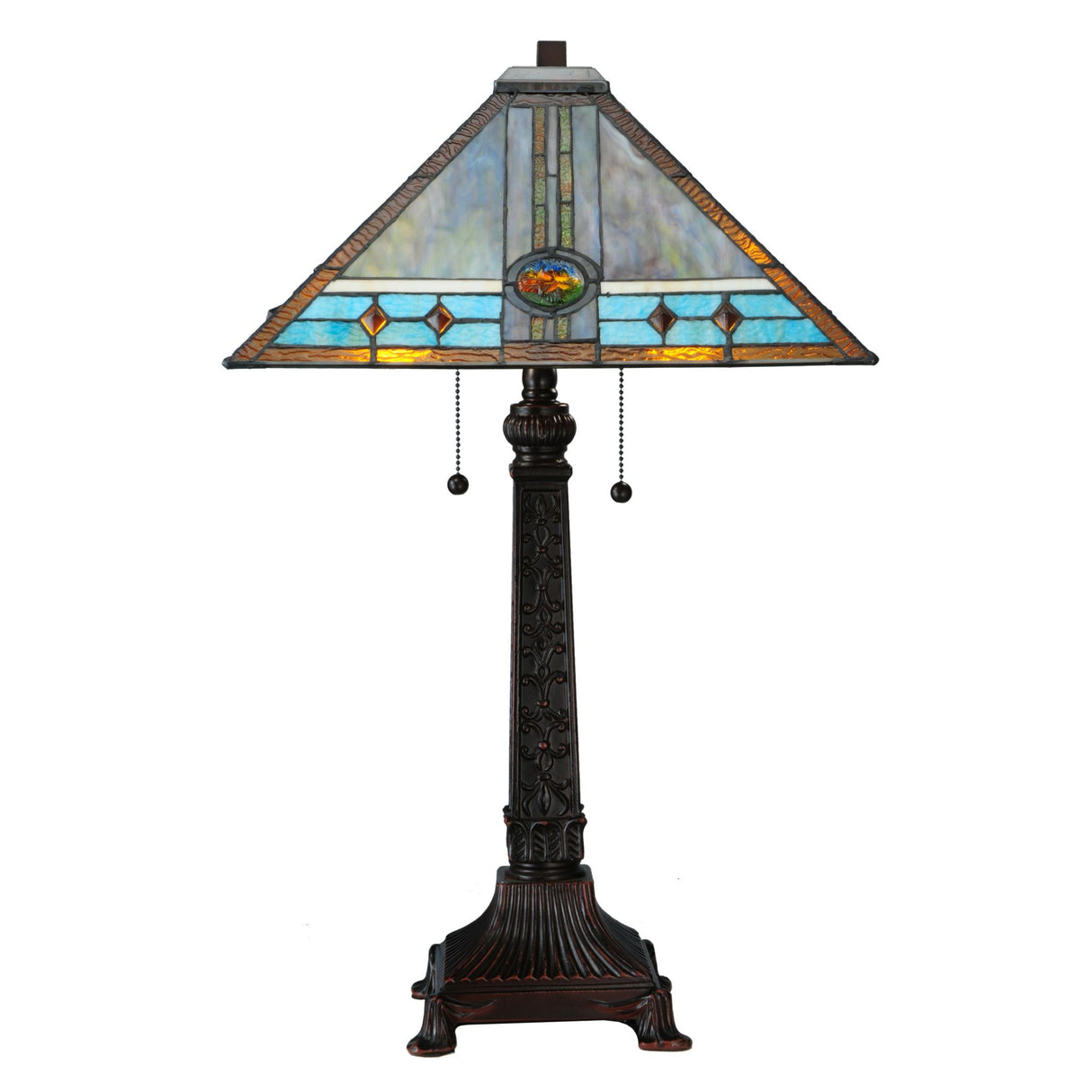 Front view of Mission Rose table lamp with vibrant stained glass shade.