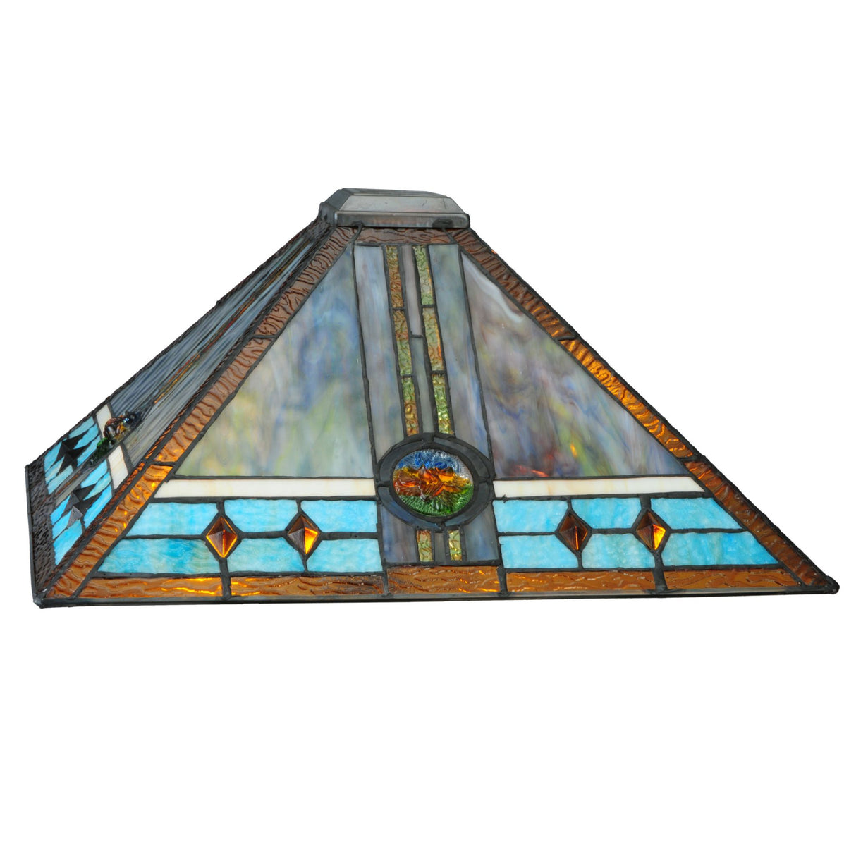 Top view of Mission Rose table lamp's intricate stained glass shade.