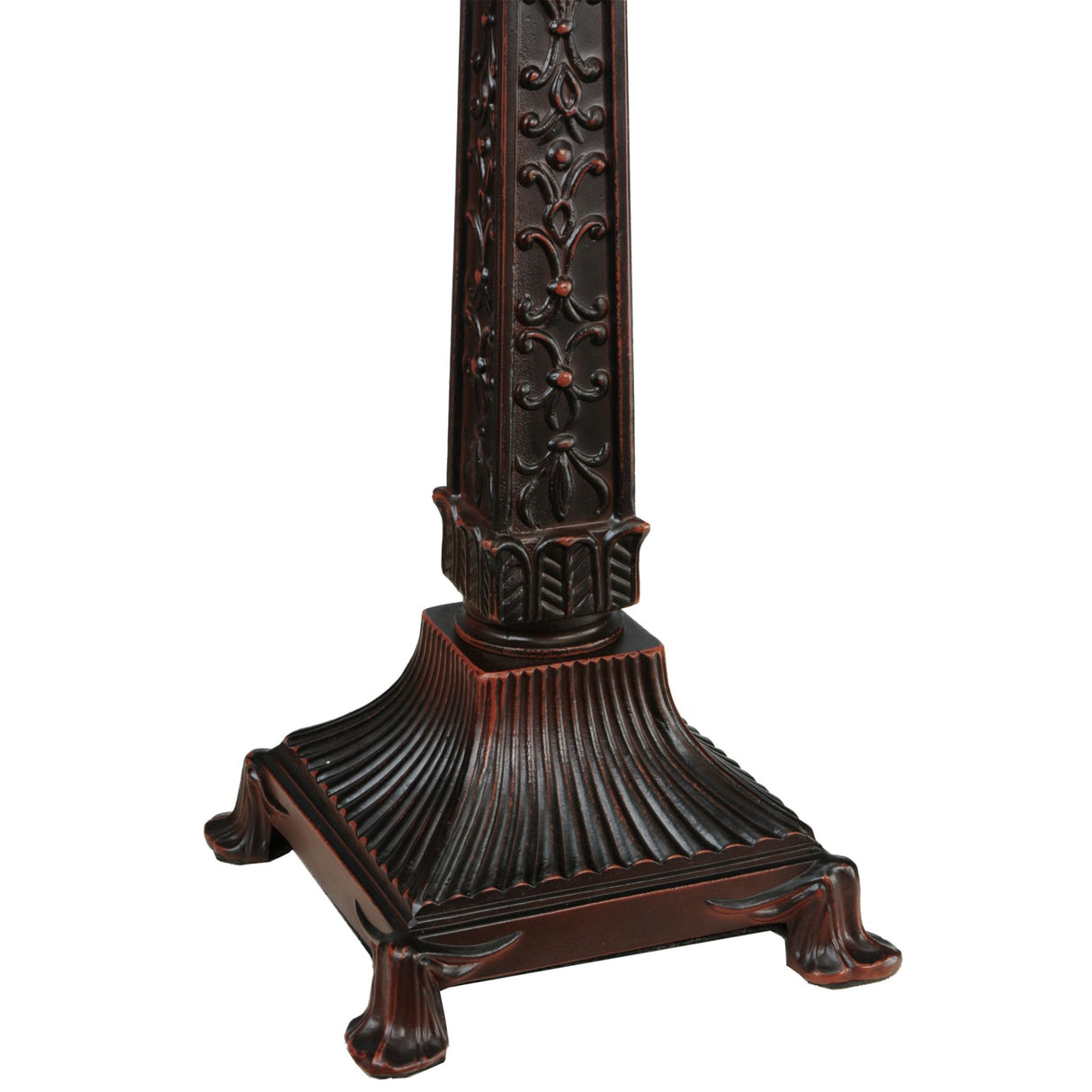 Zoomed-in view of the ornate base of Mission Rose table lamp.