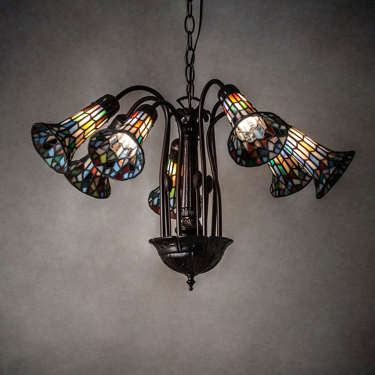 26-inch wide Pond Lily chandelier with 7 stained glass lily-shaped shades.