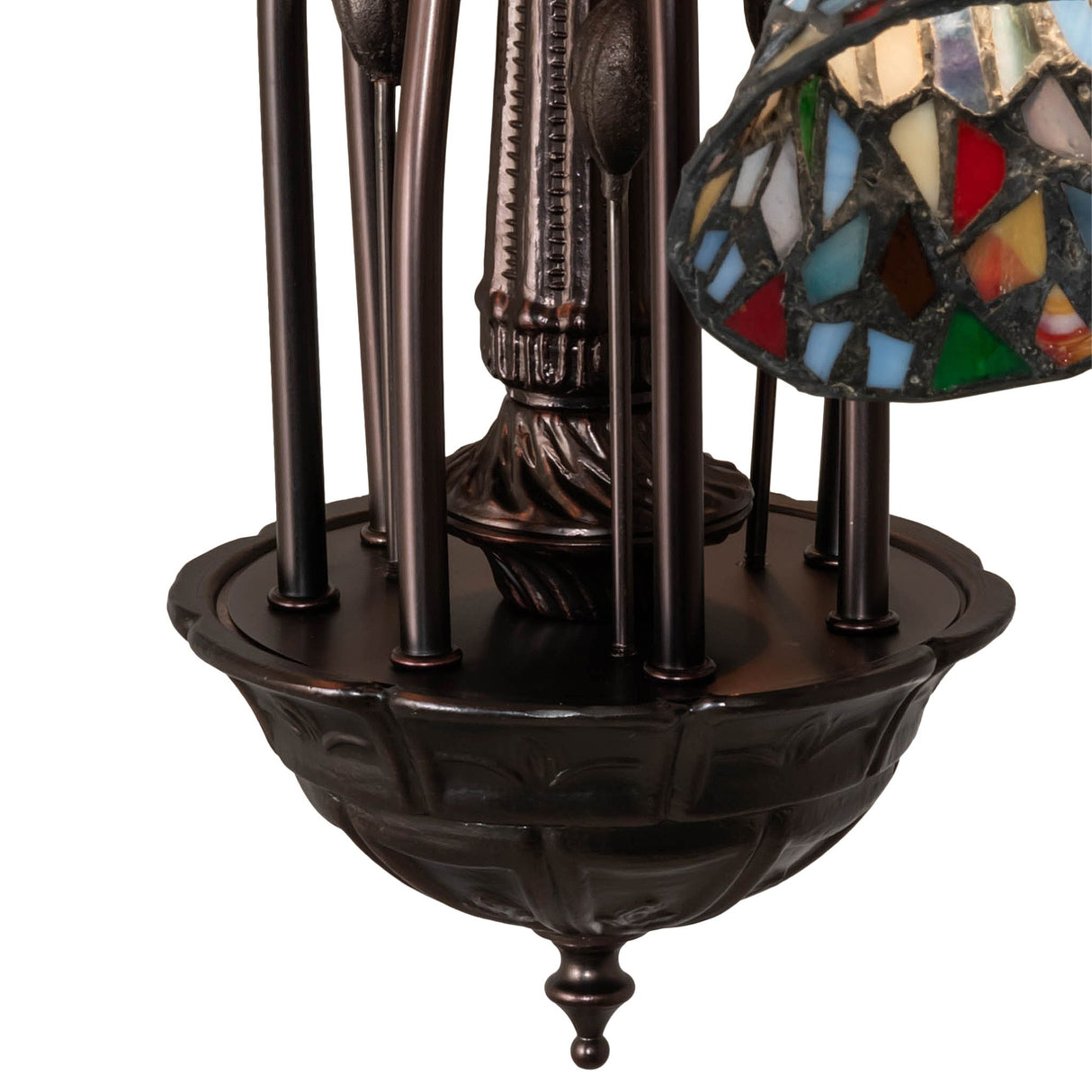 Close-up of ornate bronze base on the 26-inch wide Pond Lily chandelier.