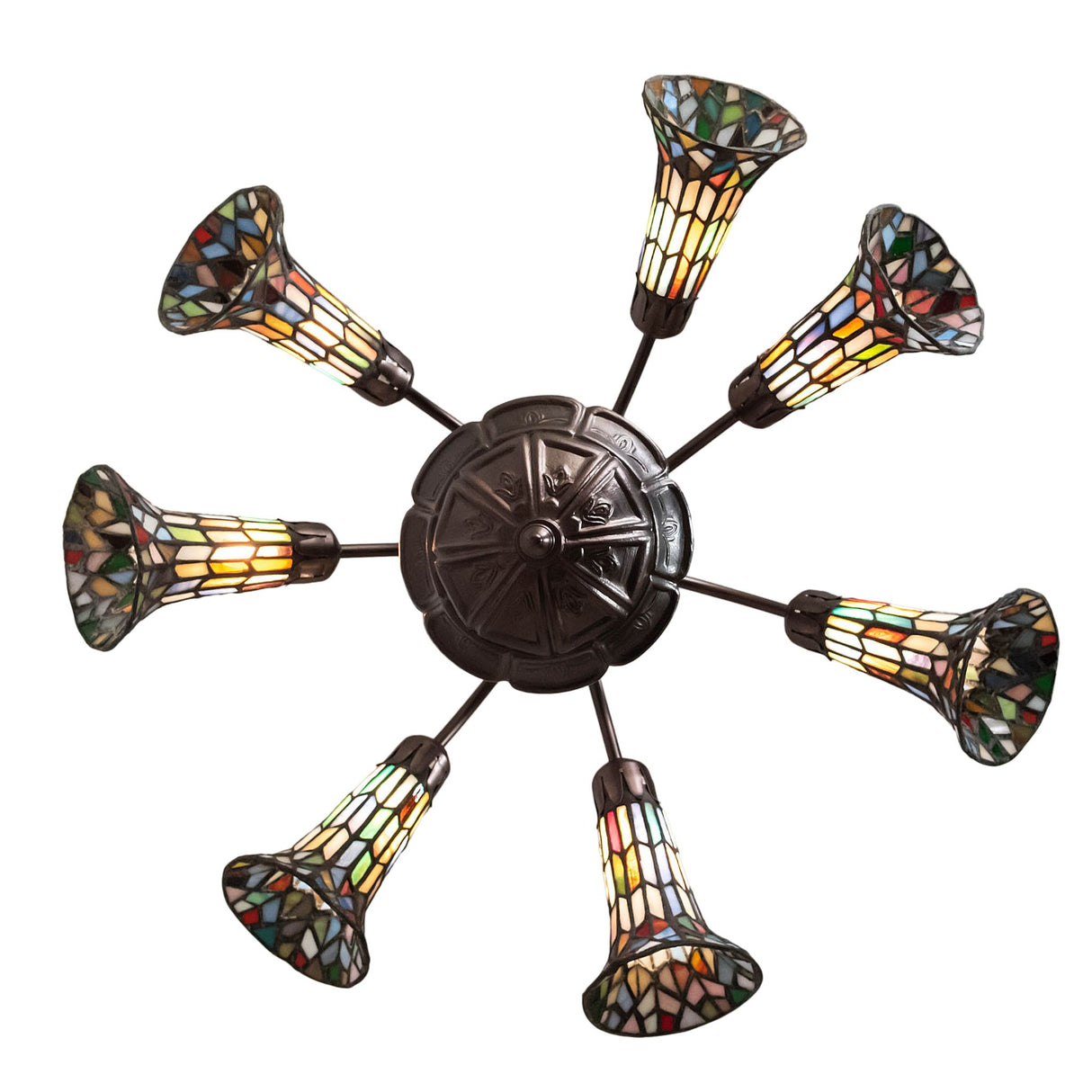 Bottom view of 26-inch wide Pond Lily chandelier showing stained glass detail.