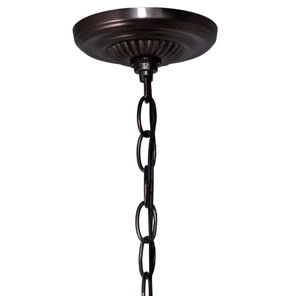 Close-up of bronze canopy and chain of the Pond Lily chandelier.