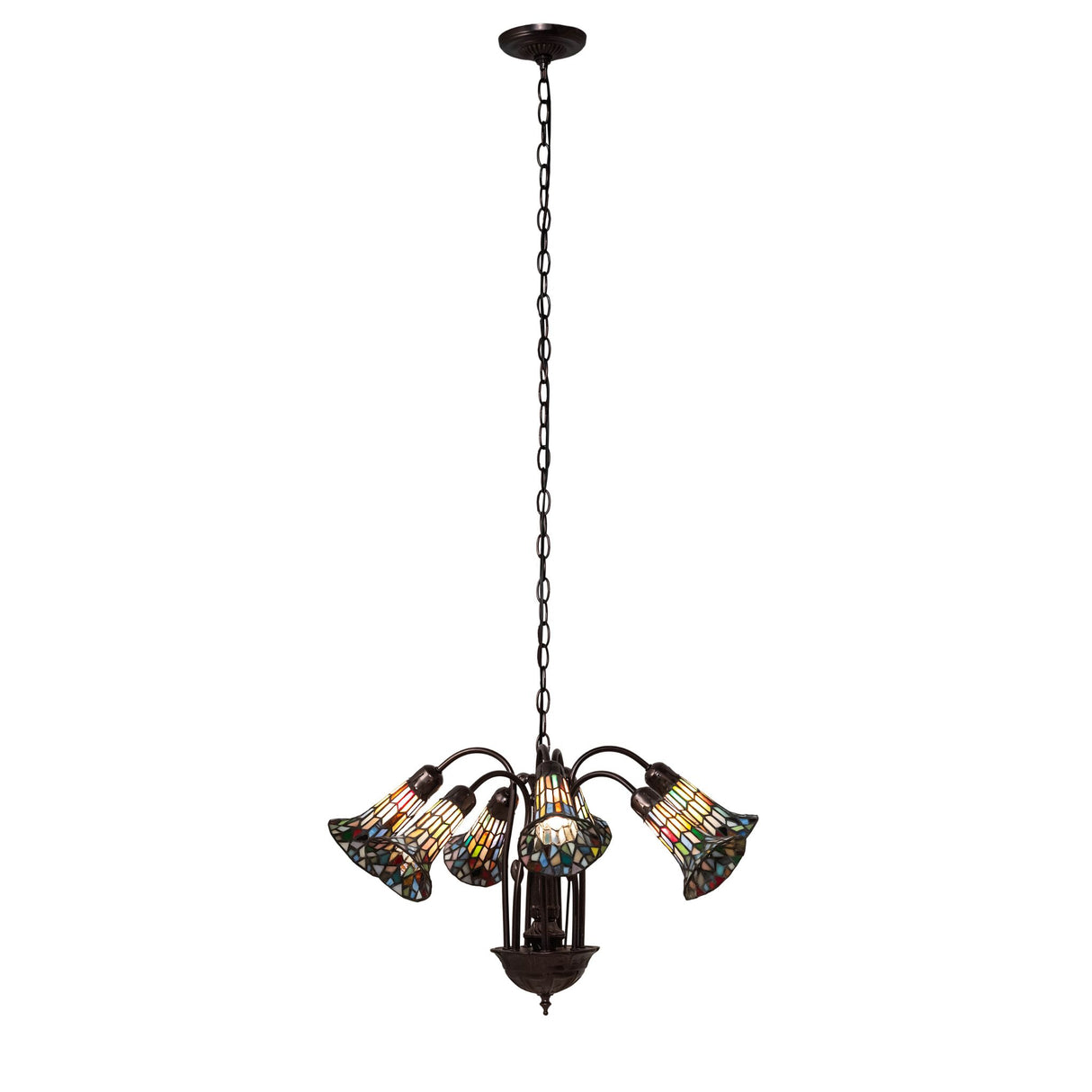 Full view of 26-inch wide Pond Lily chandelier with hanging chain.