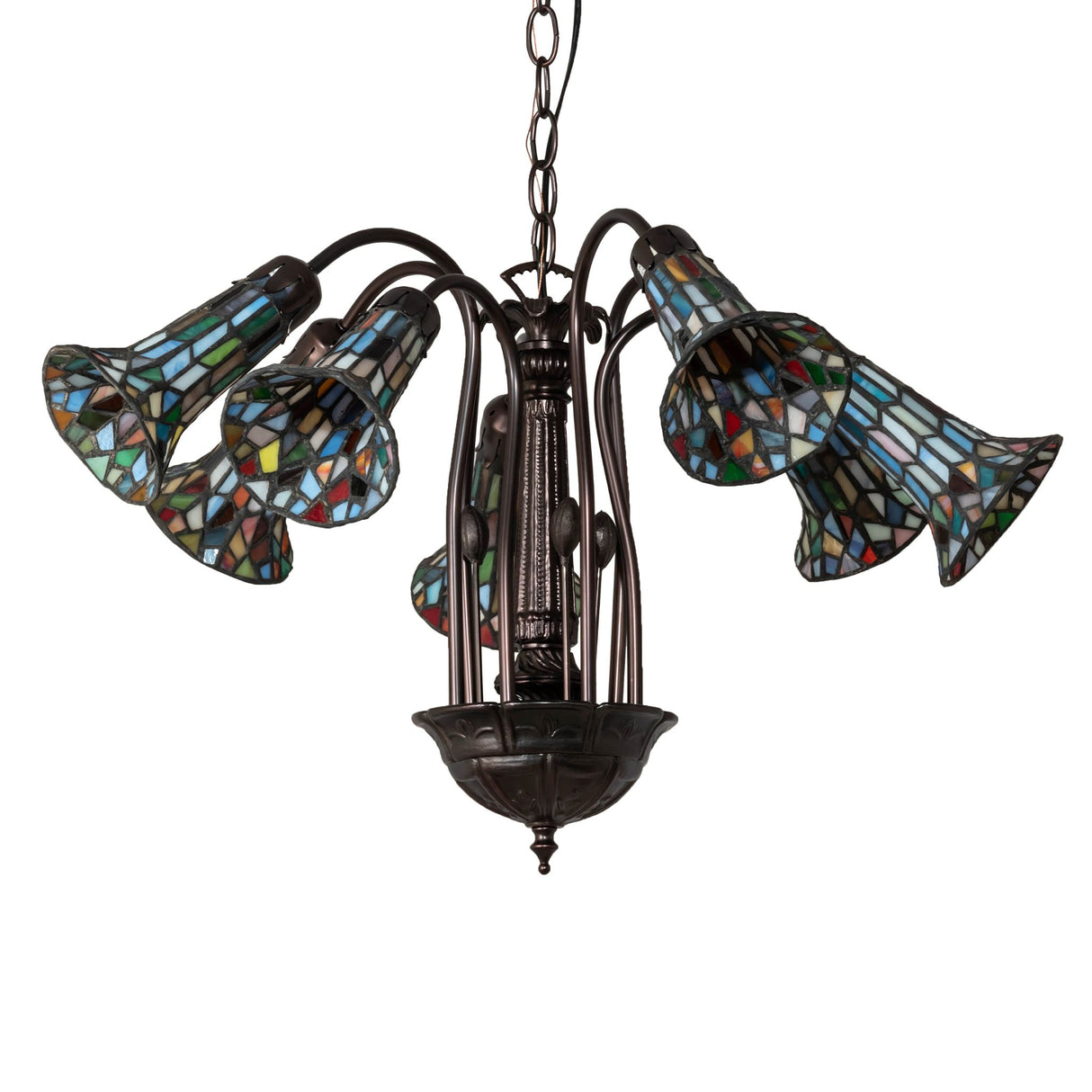26-inch wide Pond Lily chandelier with multicolor stained glass shades.