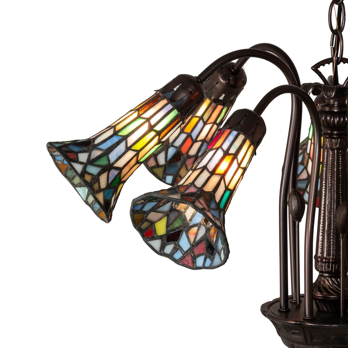 Close-up of colorful stained glass lily shades on the Pond Lily chandelier.