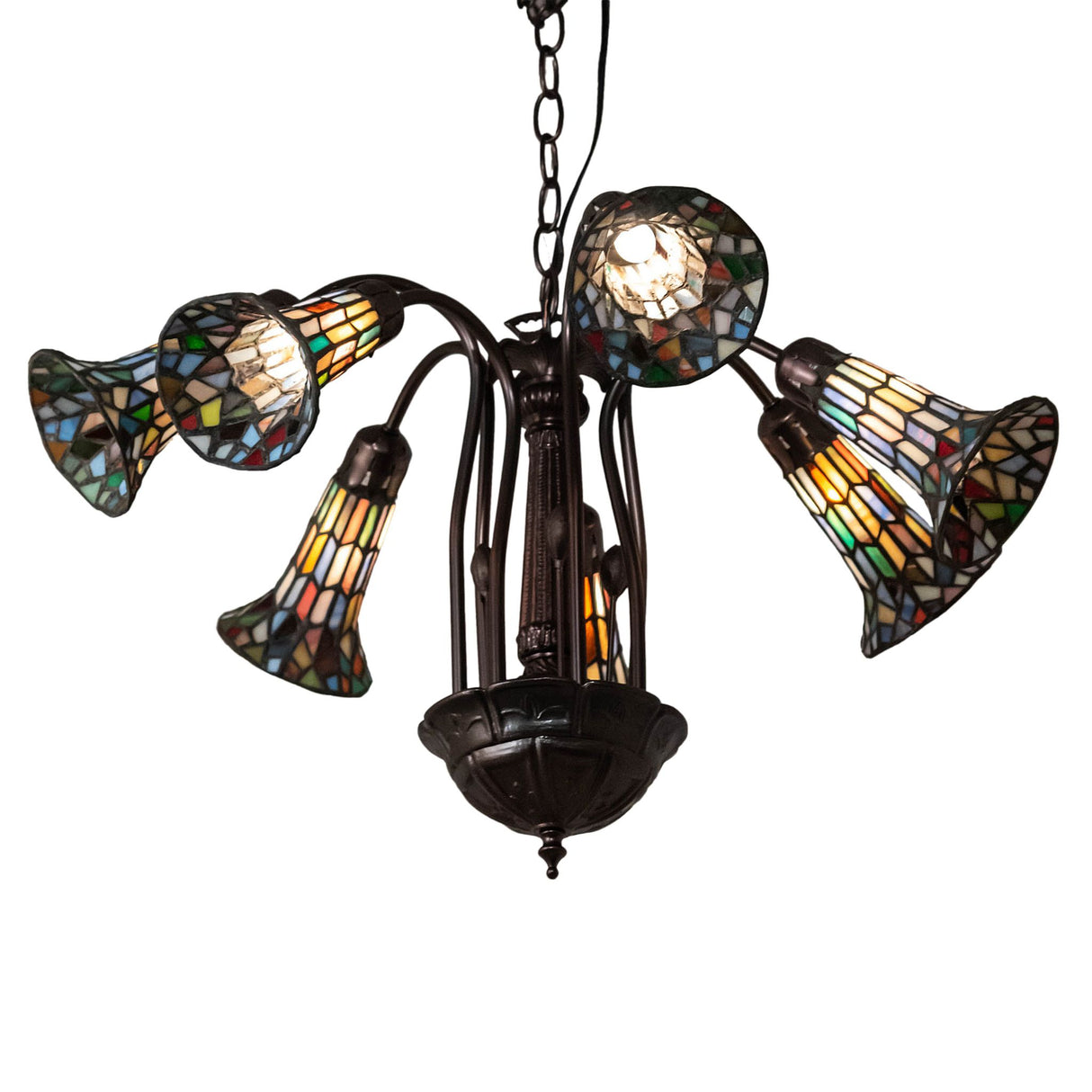 26-inch wide Pond Lily chandelier with stained glass lily-shaped shades.