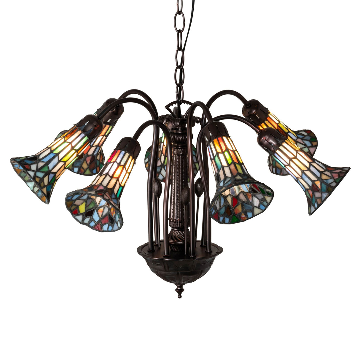 Pond Lily chandelier with 7 vibrant stained glass shades, 26-inch wide.