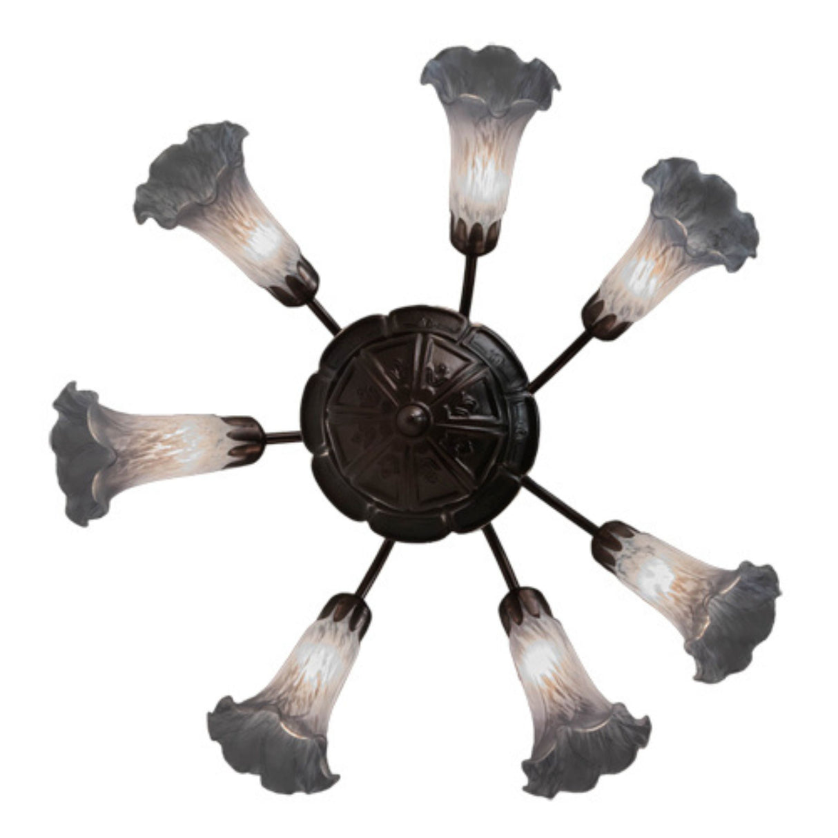 Bottom view of Tiffany Pond Lily chandelier with 7 frosted lily-shaped shades.