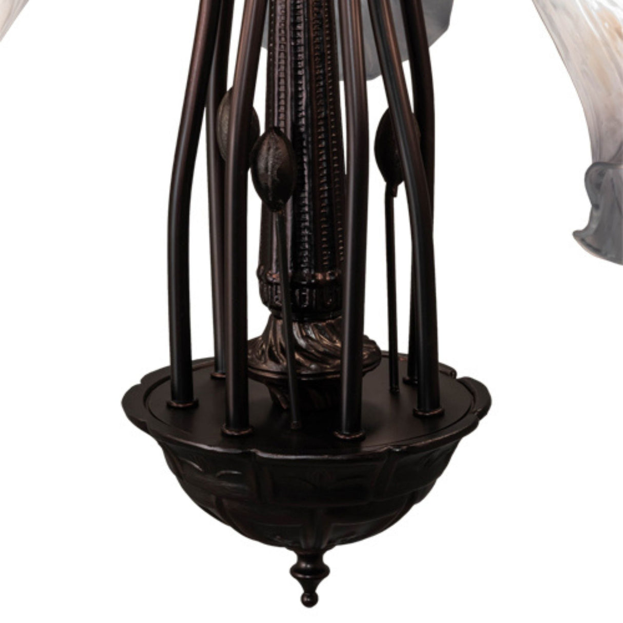 Close-up of ornate bronze base on the Tiffany Pond Lily chandelier.