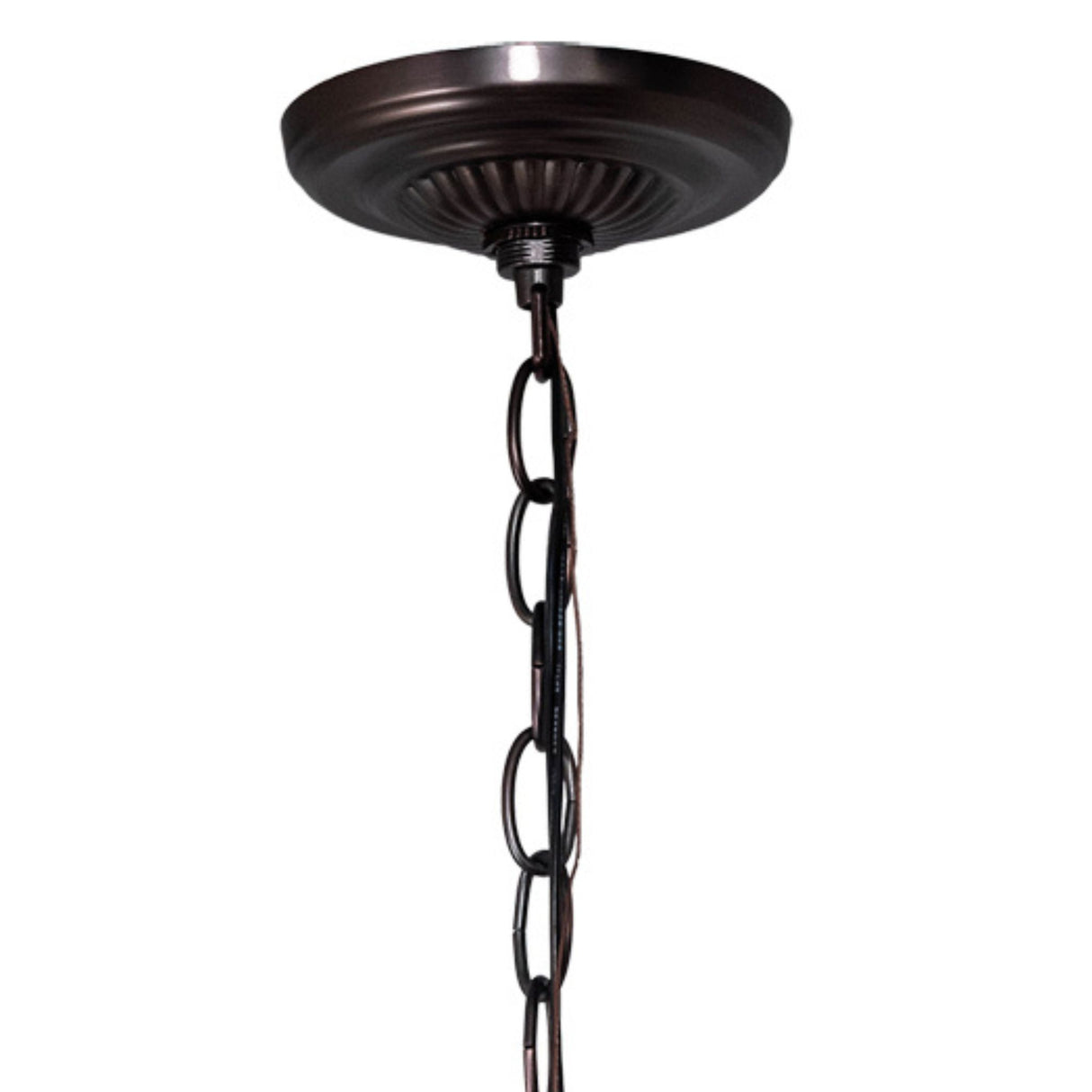 Close-up of canopy and chain on the Tiffany Pond Lily chandelier.