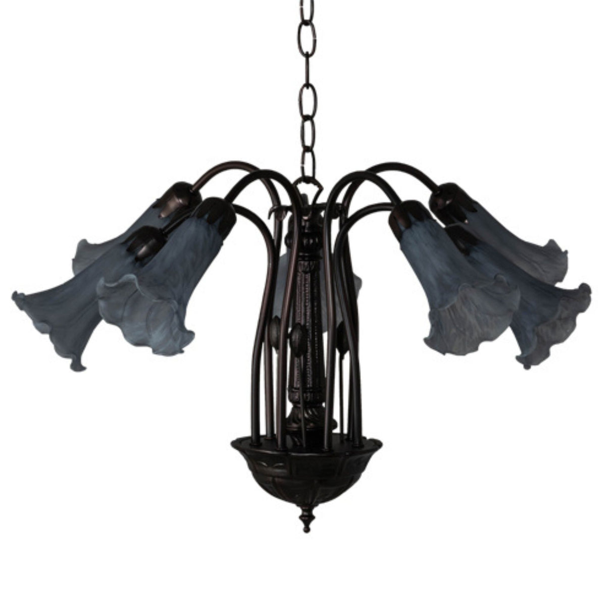 26-inch wide Tiffany Pond Lily chandelier with dim frosted glass shades.