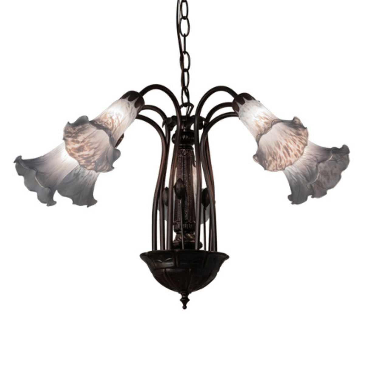 26-inch wide Tiffany Pond Lily chandelier with frosted lily-shaped shades.