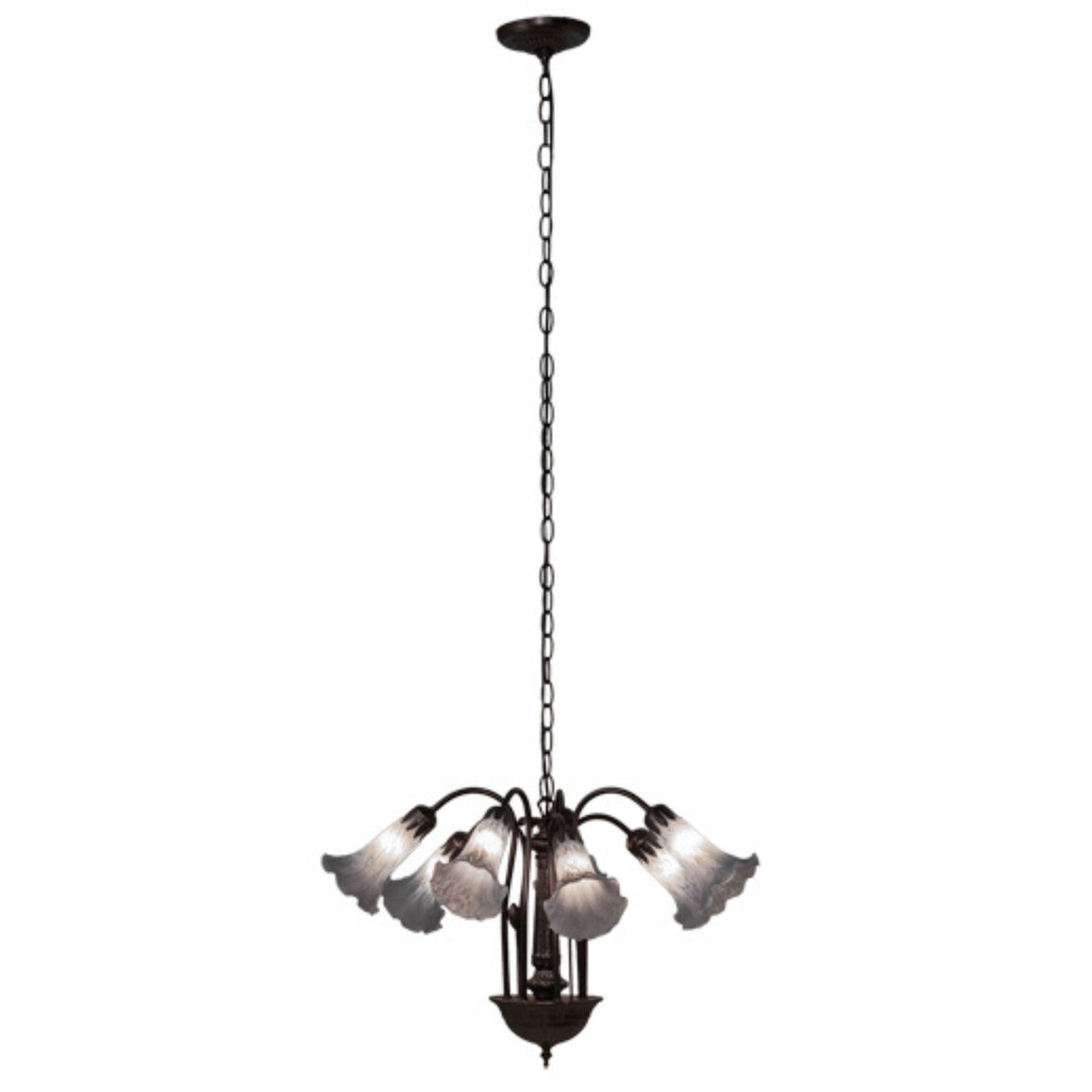 Full view of hanging Tiffany Pond Lily chandelier with frosted glass shades.