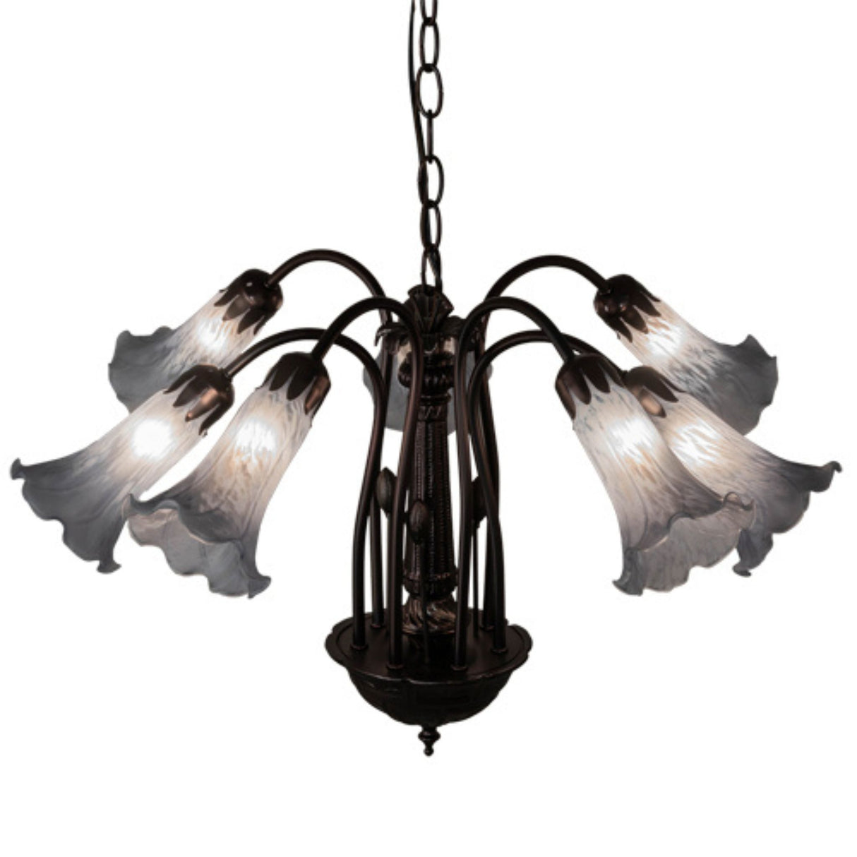 Illuminated Tiffany Pond Lily chandelier with 7 frosted white lily shades.