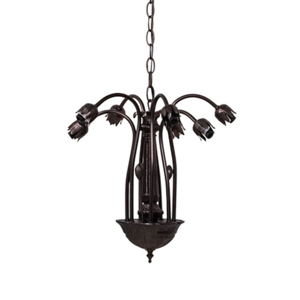 Tiffany Pond Lily chandelier without glass shades, showing metal frame.