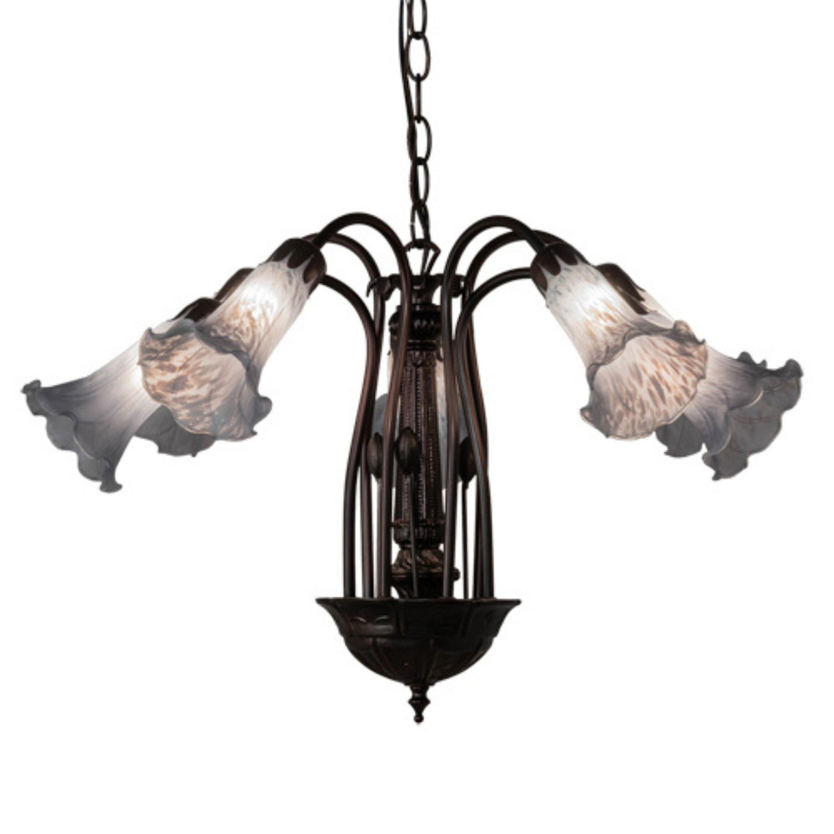 26-inch wide Tiffany Pond Lily chandelier with frosted glass shades, side view.