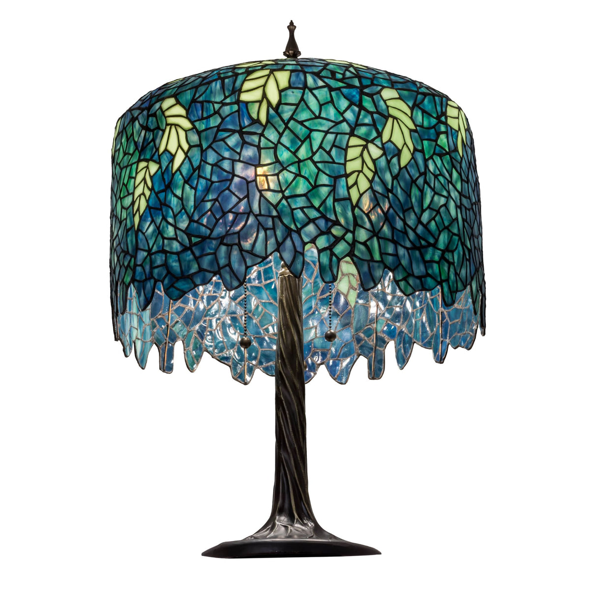 Close-up of stained glass shade on Wisteria lamp.