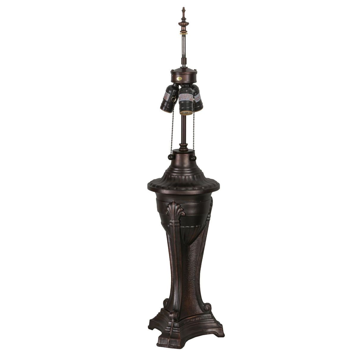 A 28" high urn table lamp featuring a black base and a stylish lamp shade.