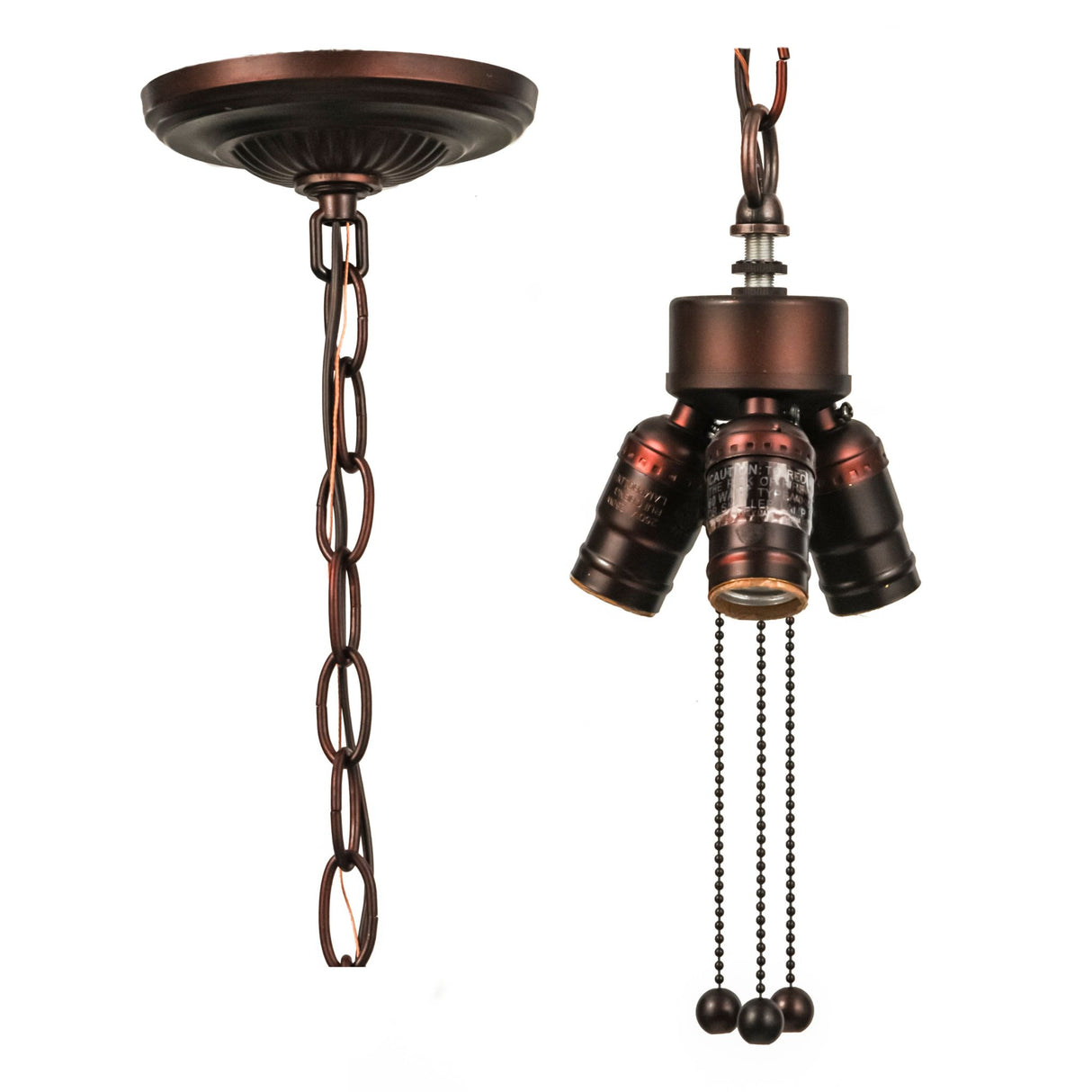 Three-light pendant hardware with mahogany bronze finish and pull chains.