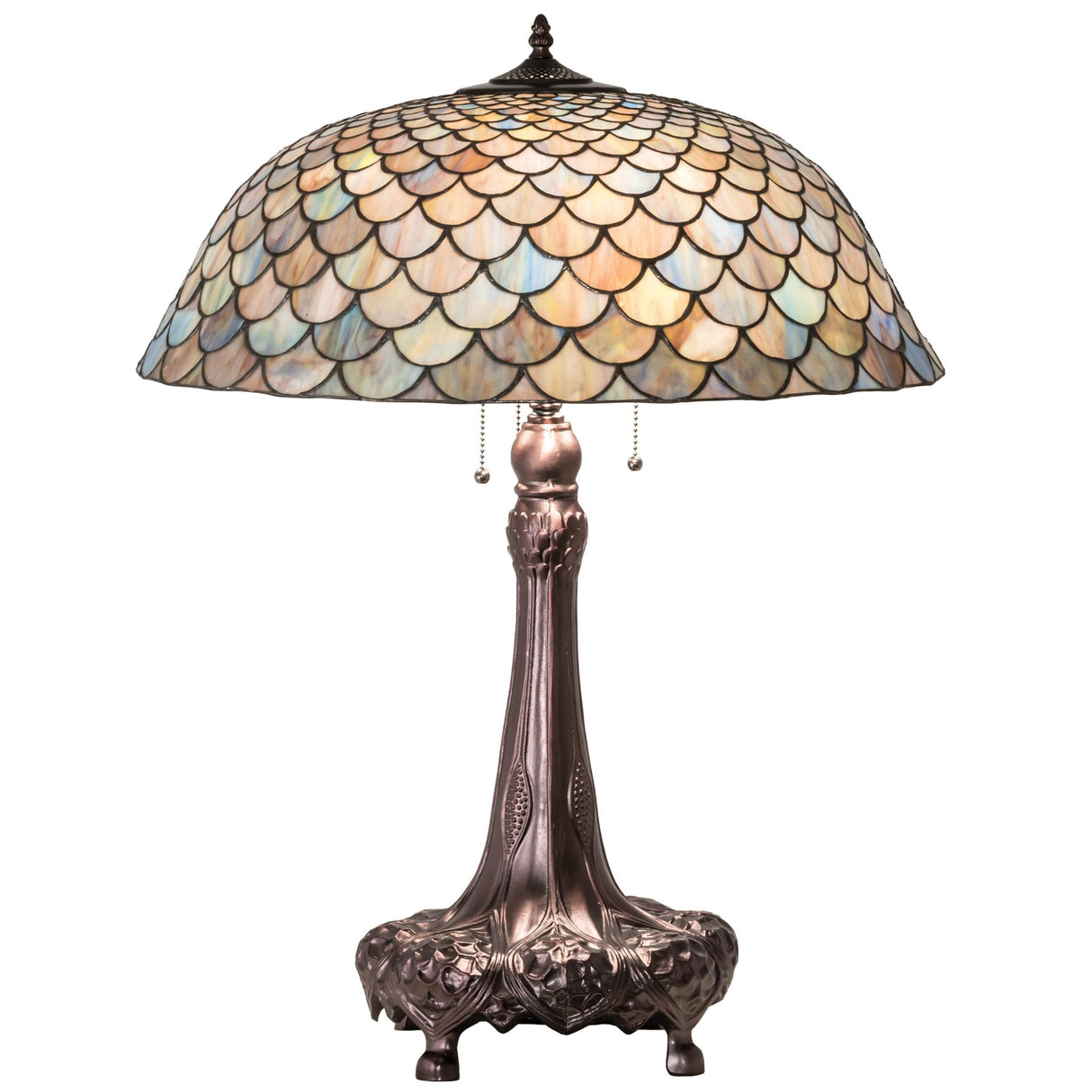 31-inch high Tiffany Fishscale table lamp with colorful stained glass shade.