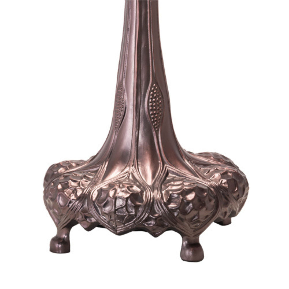 Close-up of ornate bronze base of 31-inch high Tiffany Fishscale table lamp.