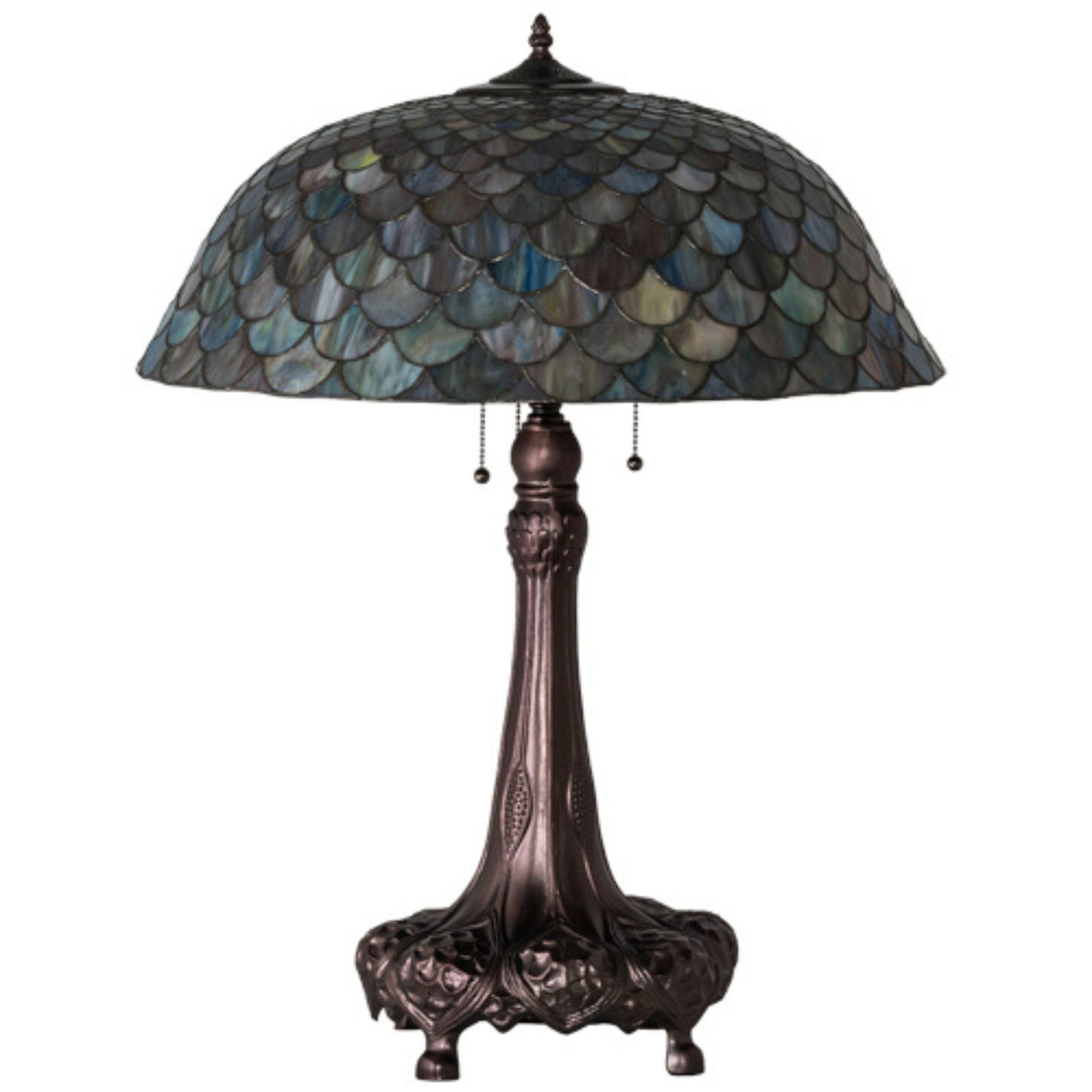 Tiffany Fishscale table lamp with blue and green stained glass, 31 inches high.